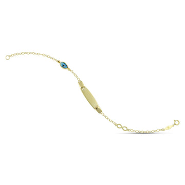 Παιδική ταυτότητα βραχιόλι από χρυσό 9 καρατίων με μπλε ματάκι και άπειρο.